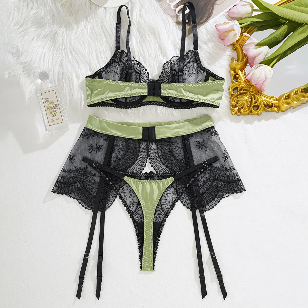 Sexy Women Contrast Color Splicing Bra Set New Mesh Perspective Lingerie
