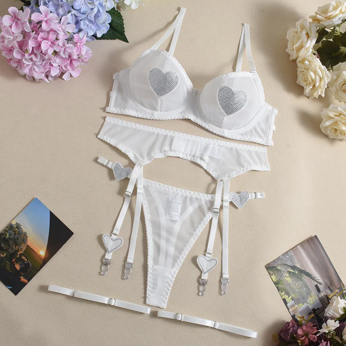Wholesale Mesh See-Through Underwear Set for Woman Sexy Heart Shaped Rhinestone Lingerie