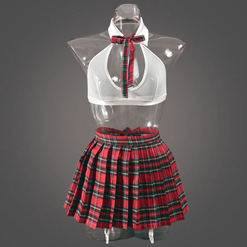 Sexy See-Through Role Play Plaid Bra Set Hot Short Skirt Woman Lingerie
