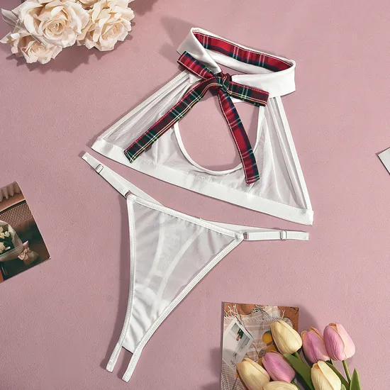 Sexy See-Through Role Play Plaid Bra Set Hot Short Skirt Woman Lingerie