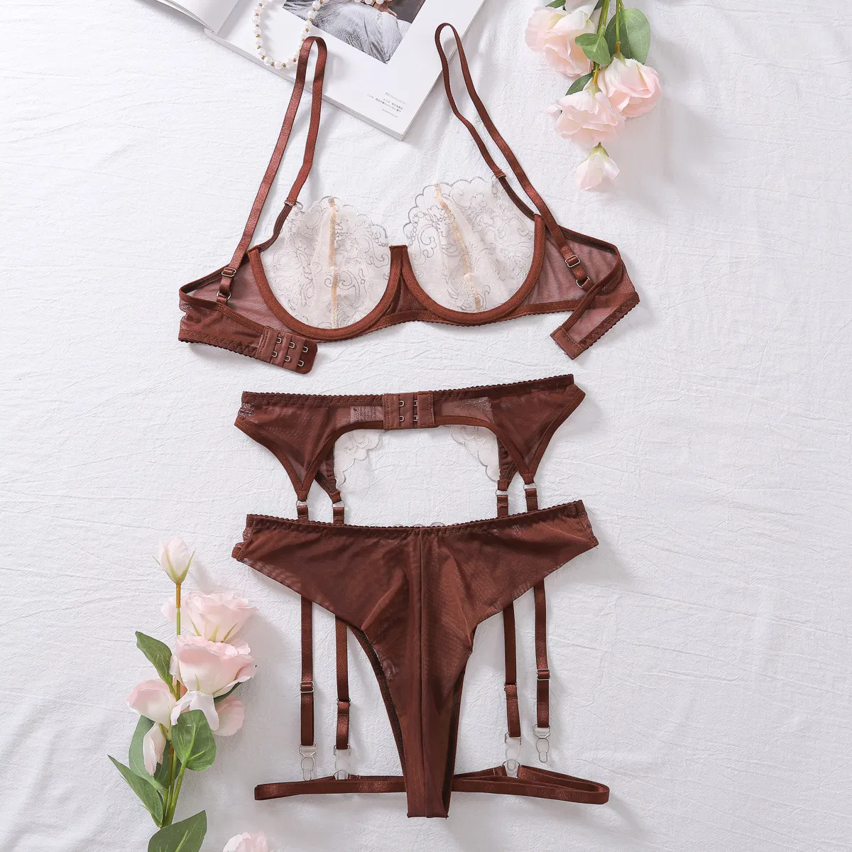 New Fashion See-Through Embroidery Bra Panty Set Sexy Contrasting Color Women Lingerie