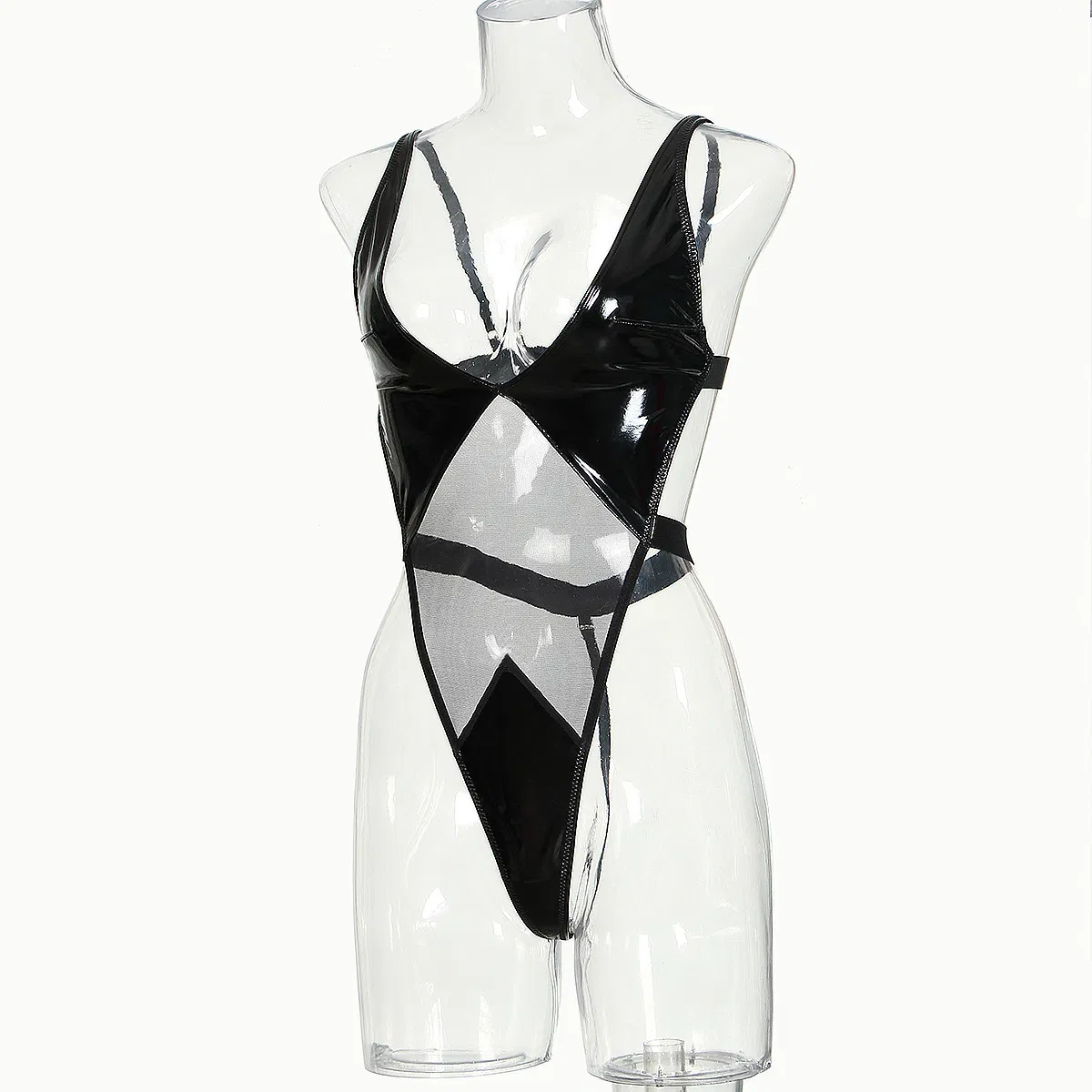 Sexy Deep V Backless Woman Lingerie Set Hot Fashion Transparent Mesh Leather Bodysuit