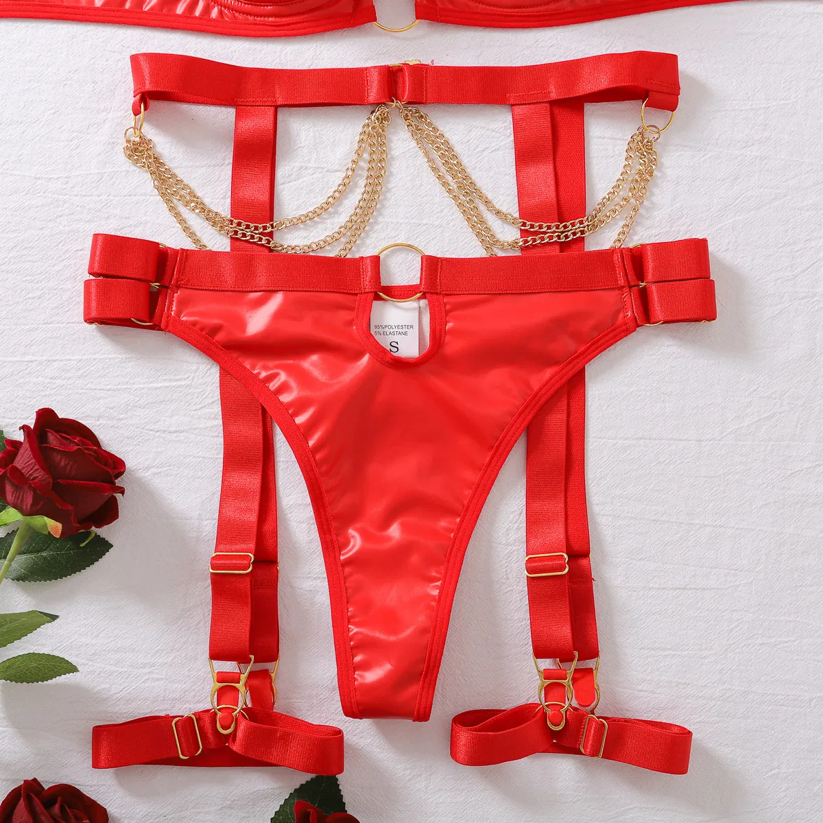 Hot PU Metal Chain Bra Panty Sets Wholesale Sexy Solid Color Woman Lingerie