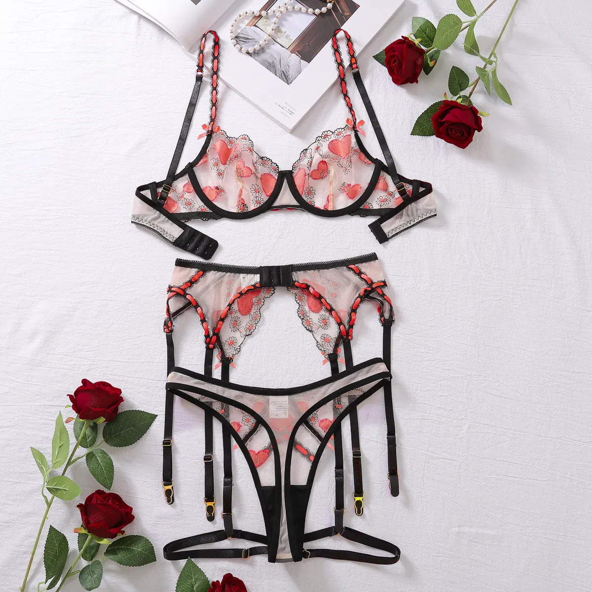 Wholesale See-Through Mesh Underwear Set Sexy Embroidery Pink Heart Lingerie