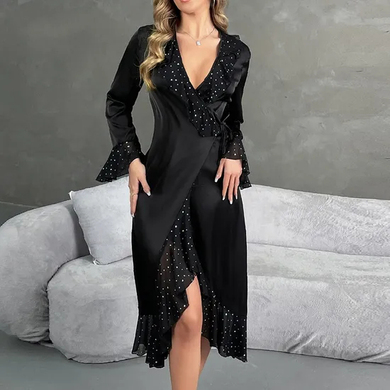 Wholesale Satin V-Neck Long-Sleeved Sleepwear Sexy Ruffled Hem Woman Robe
