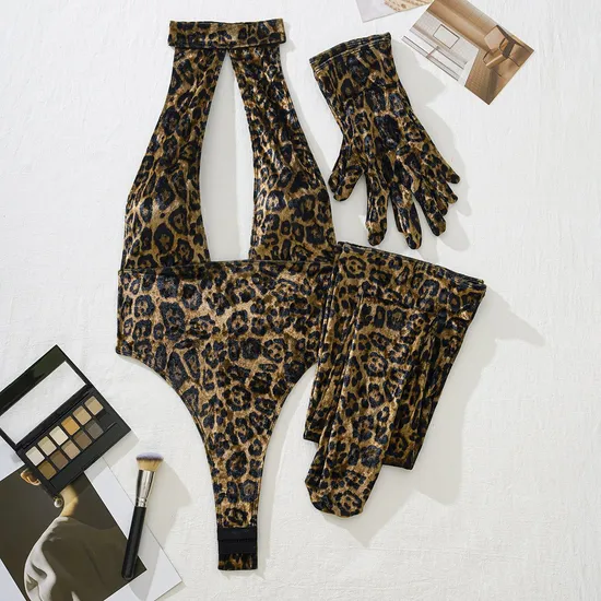 Wholesale Halter Deep-V Backless Underwear Set with Gloves Sexy Leopard Print Lingerie