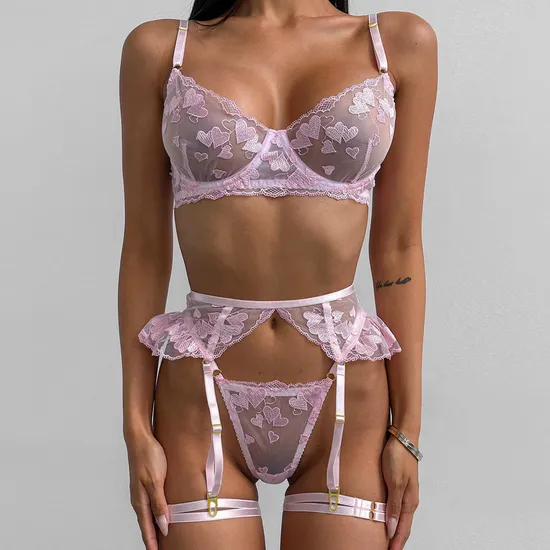 Wholesale Pink Heart Lace Embroidery Underwear Set for Woman Sexy See-Through Lingerie
