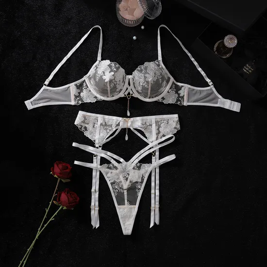 Wholesale Floral Embroidery Sheer Mesh Underwear Set Sexy Solid Color Women's Lingerie