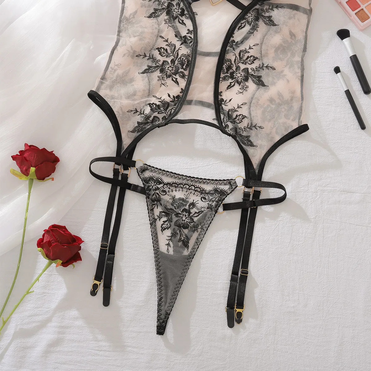 Wholesale See-Through One-Piece Bra Panty Set for Woman Sexy Floral Embroidery Lingerie