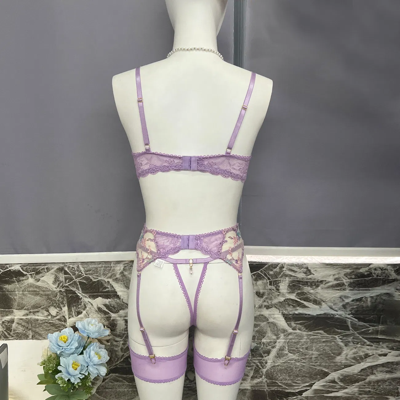 Sexy See-Through Embroidered Mesh Woman Bra Set Hot Erotic Hanging Sock Lingerie