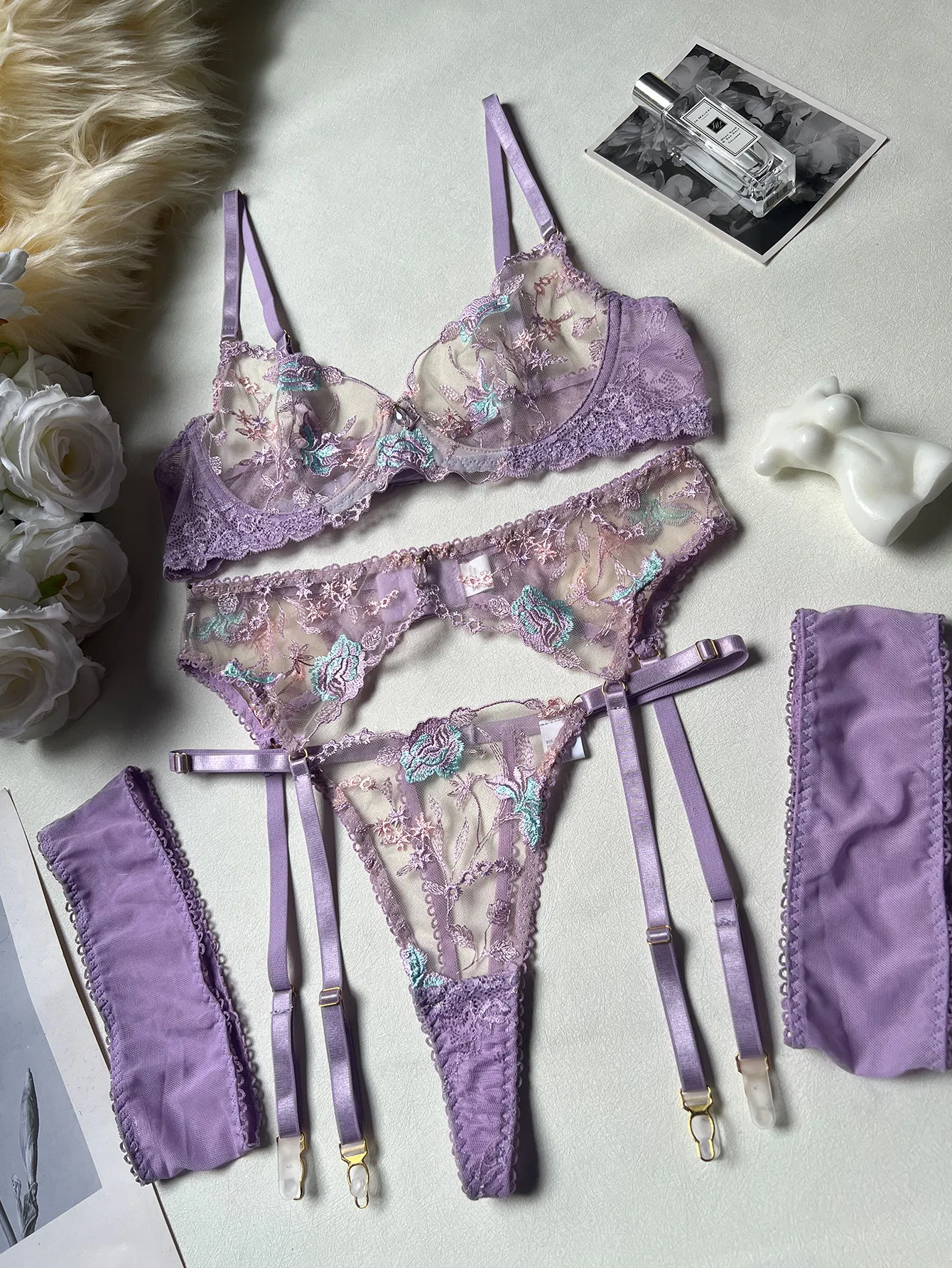 Sexy See-Through Embroidered Mesh Woman Bra Set Hot Erotic Hanging Sock Lingerie