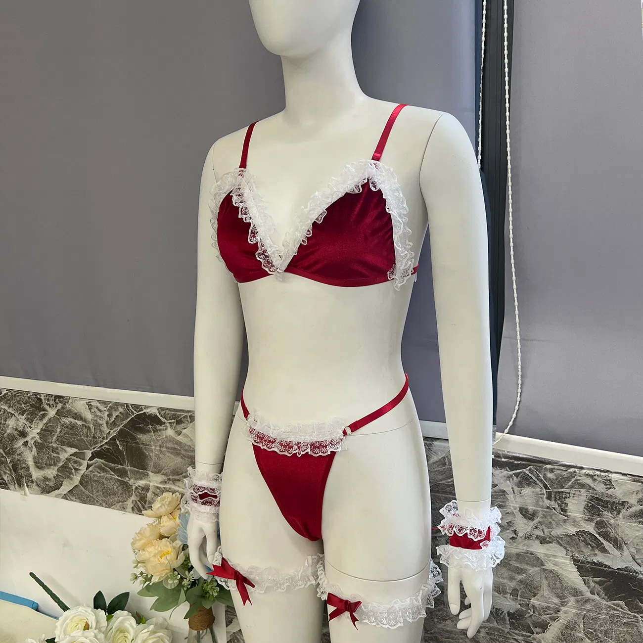 Sexy Woman's Christmas Underwear Set with Wristband and Garter Wholesale Wireless Lingerie