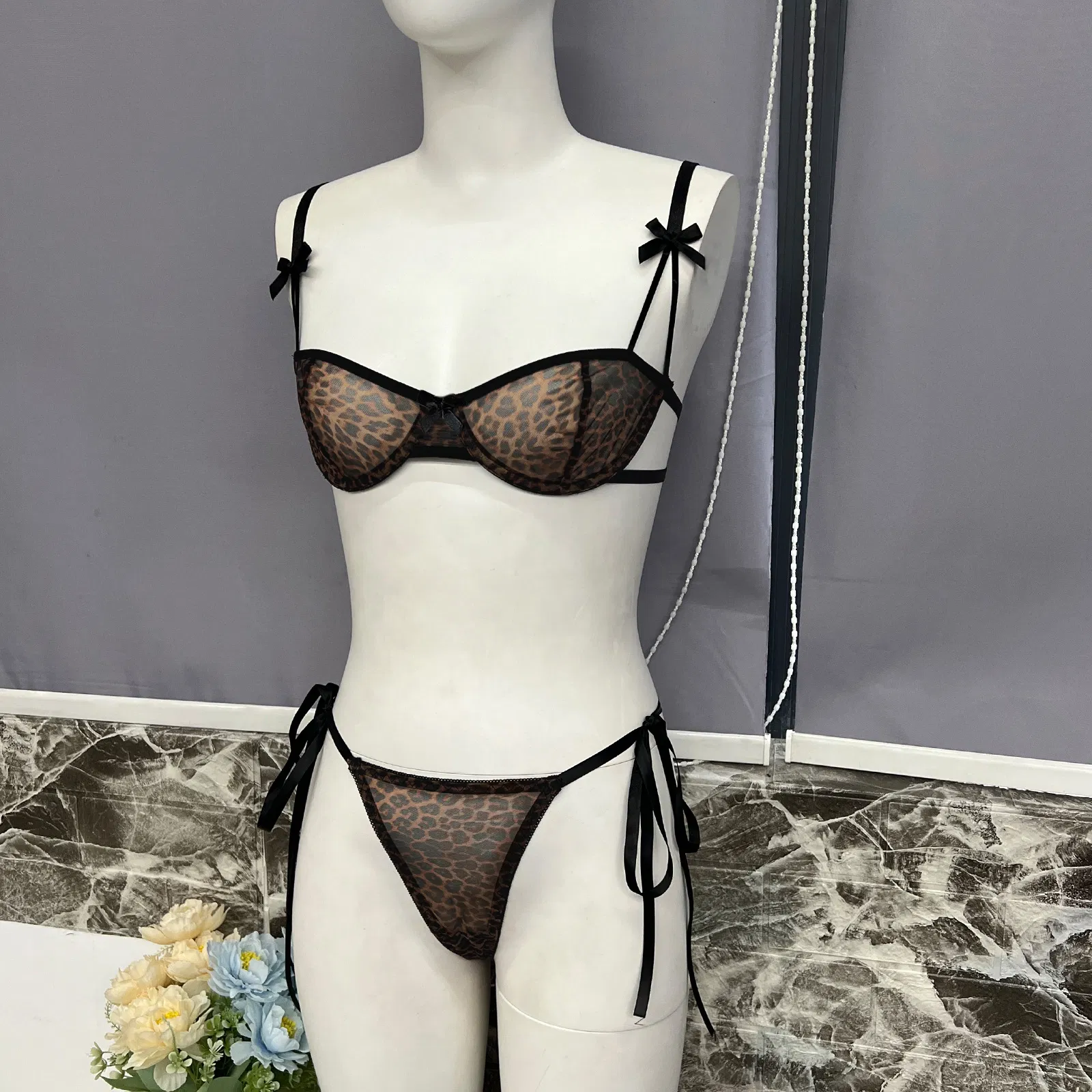 Wholesale Leopard Print Bow Ultra Thin Mesh Bra Set Sexy See-Through Woman Lingerie