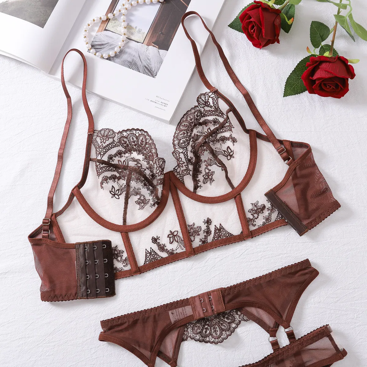 Sexy Fishbone Embroidered Lace Bra Panty Sets New Fashion See-Through Mesh Lingerie