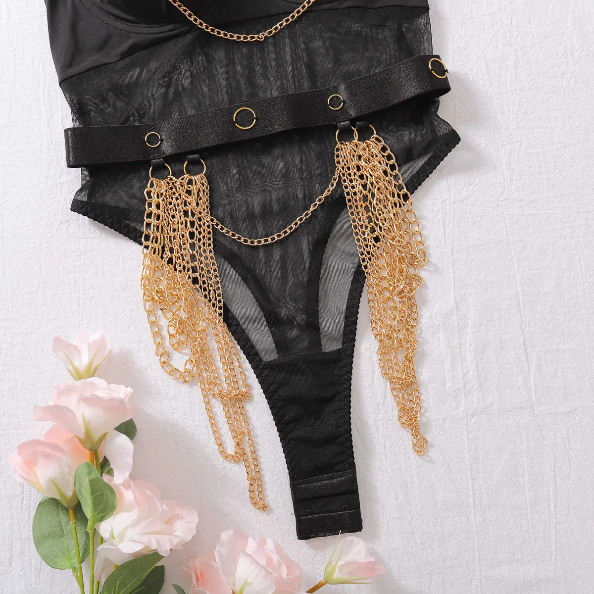 Sexy See-Through Mesh Splicing Women's Lingerie Set New Metal Chain Bodysuit