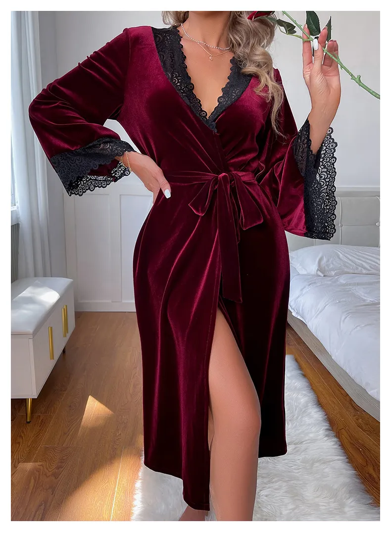 New V-Neck Long Velvet Nightwear Dress Sexy Solid Color with Lace Woman Sleepwear