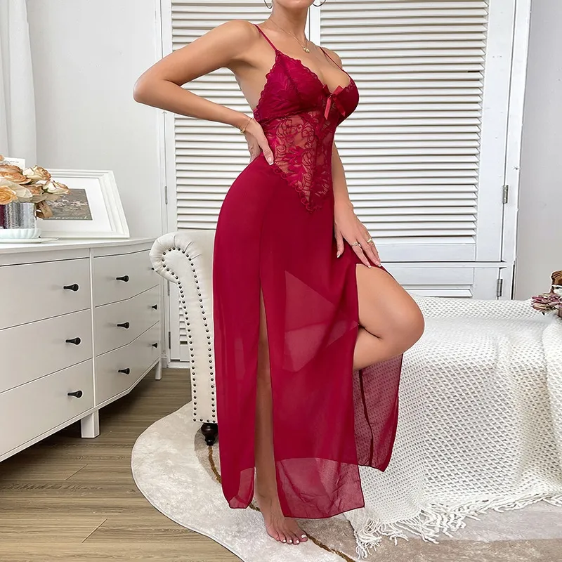Sexy Embroidery Lace Dress Sleepwear New Arrival Transparent Mesh Ultral-Thin Nightwear