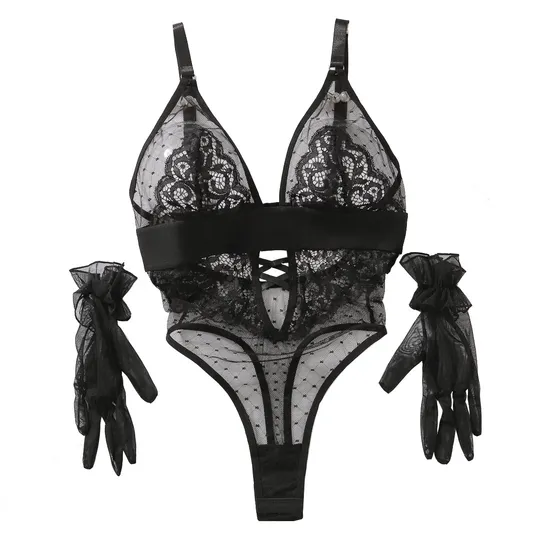 Sexy See Through Embroidered Lace Woman Lingerie Set Hot Deep-V One-Piece Bodysuit