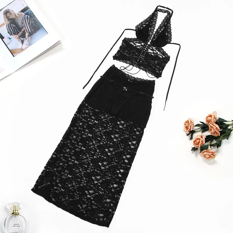 New Fashionable Embroidery Lace Hanging Neck Bra Set Hot Sleeveless Woman Lingerie