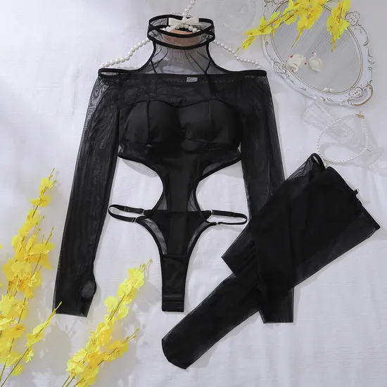 New Hollow out See-Through Woman Bodysuit Sexy Long Sleeve Hanging Neck Lingerie