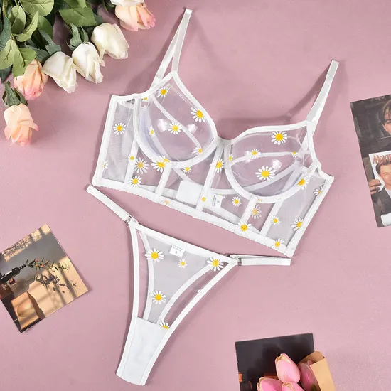 Wholesale See-Through Mesh Fishbone Bra Panty Sets Sexy Ultra Thin Woman Lingerie