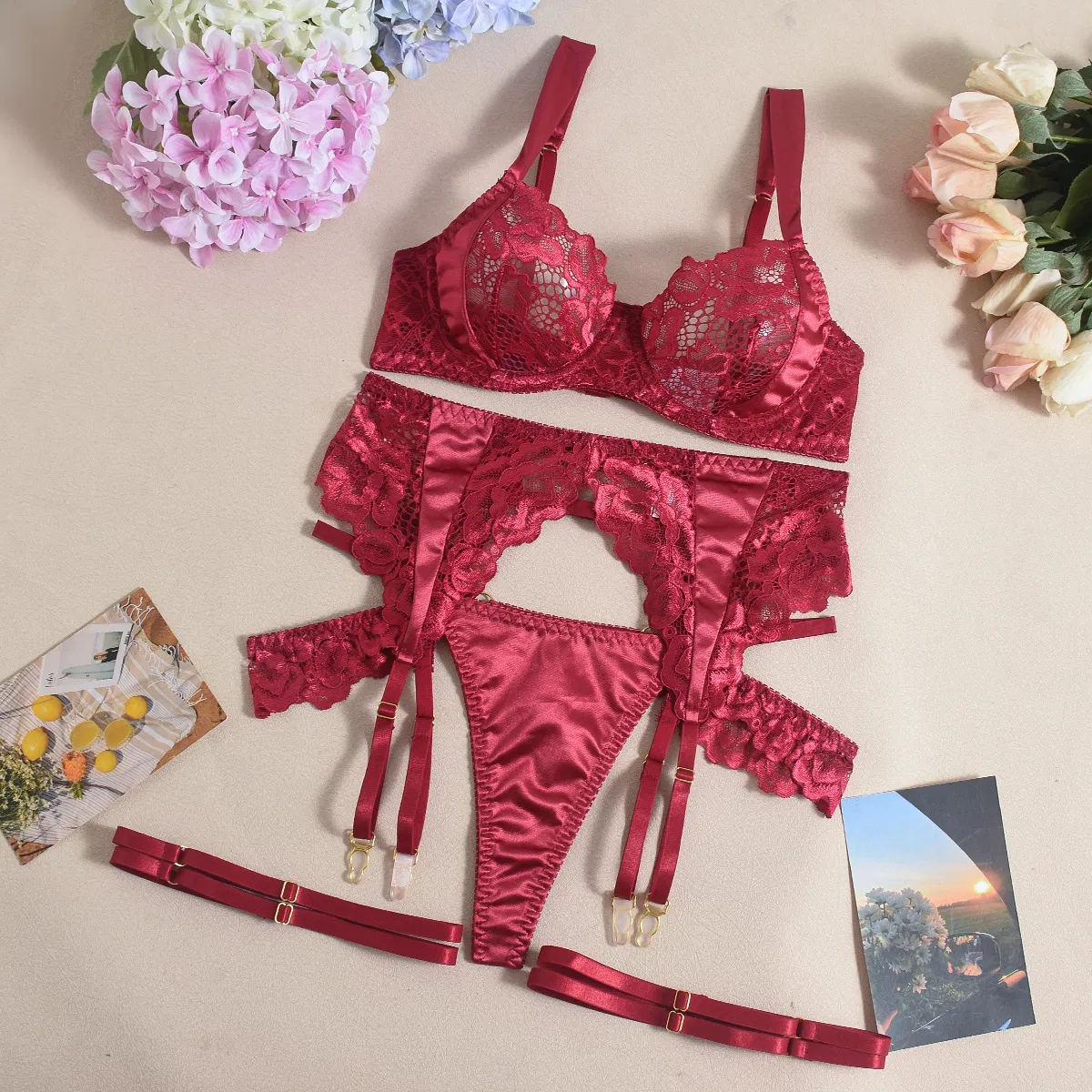 Wholesale Satin See-Through Underwear Set for Woman Sexy Embroidered Lace Lingerie