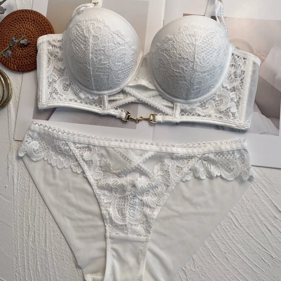 2025 New Wholesale French Anti-Sagging Breathable Lace Trim Gathering for Women Soft Bra Ultra-Thin Set Sexy Underwear Lingerie