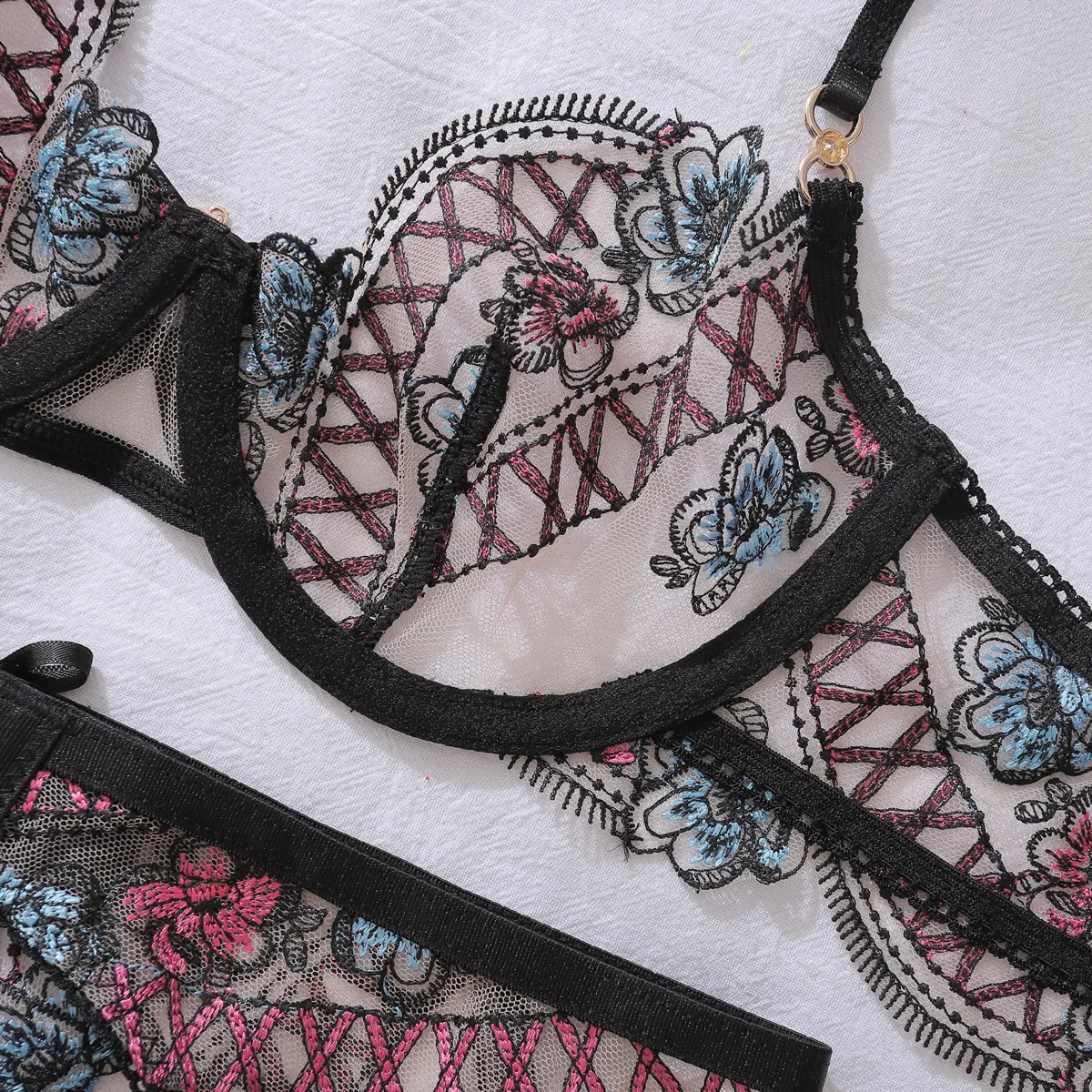 New See-Through Underwear Set with Stockings Wholesale Sexy Bowknot Floral Embroidery Lingerie