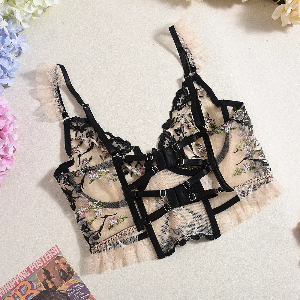 Wholesale Erotic Ruffle See-Through Mesh Underwear Set Sexy Fishbone 2 Piece Lingerie