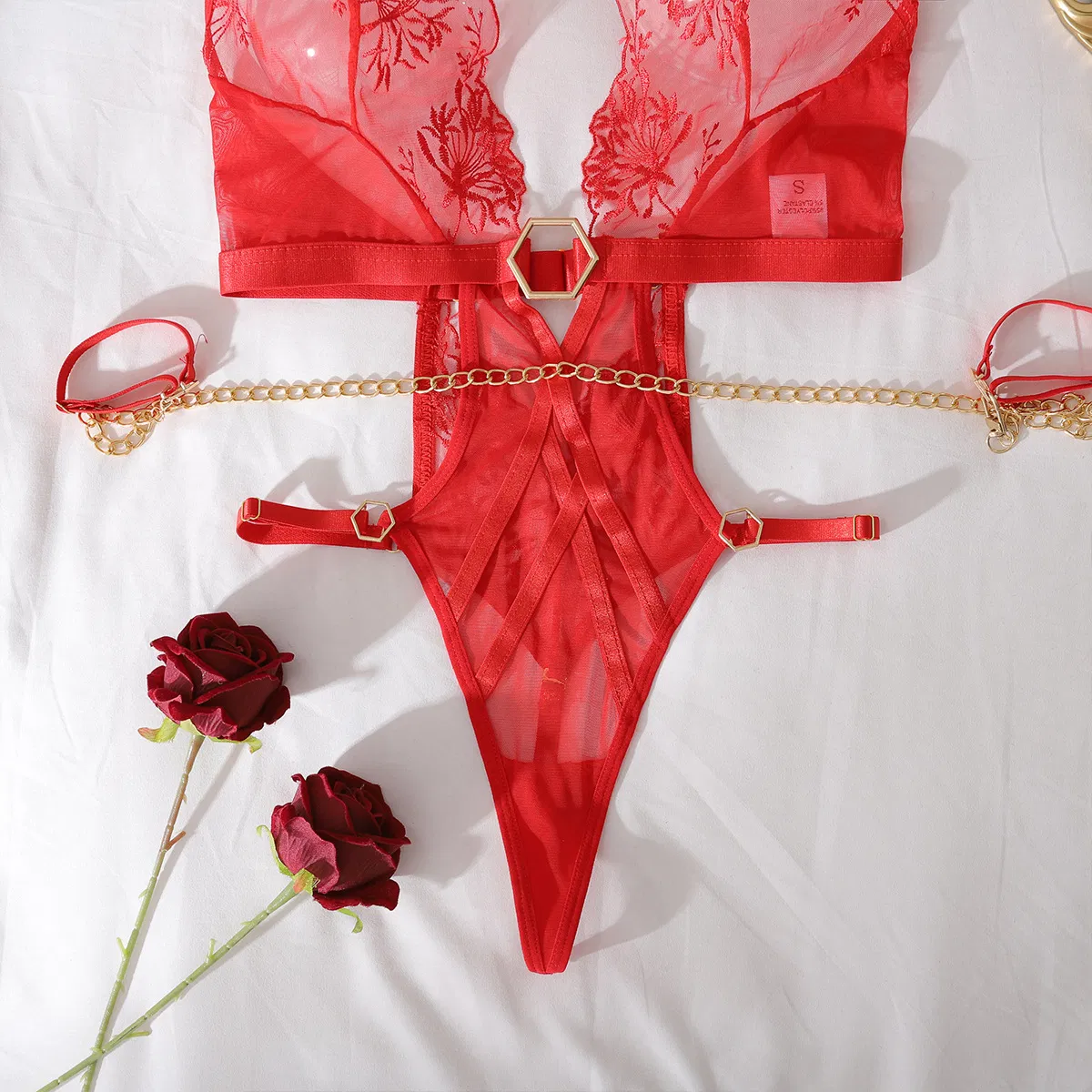Hot Selling See Through Chain Neck Woman Lingerie Set Sexy Deep-V Chain Neck Bodysuit