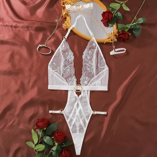 Hot Selling See Through Chain Neck Woman Lingerie Set Sexy Deep-V Chain Neck Bodysuit