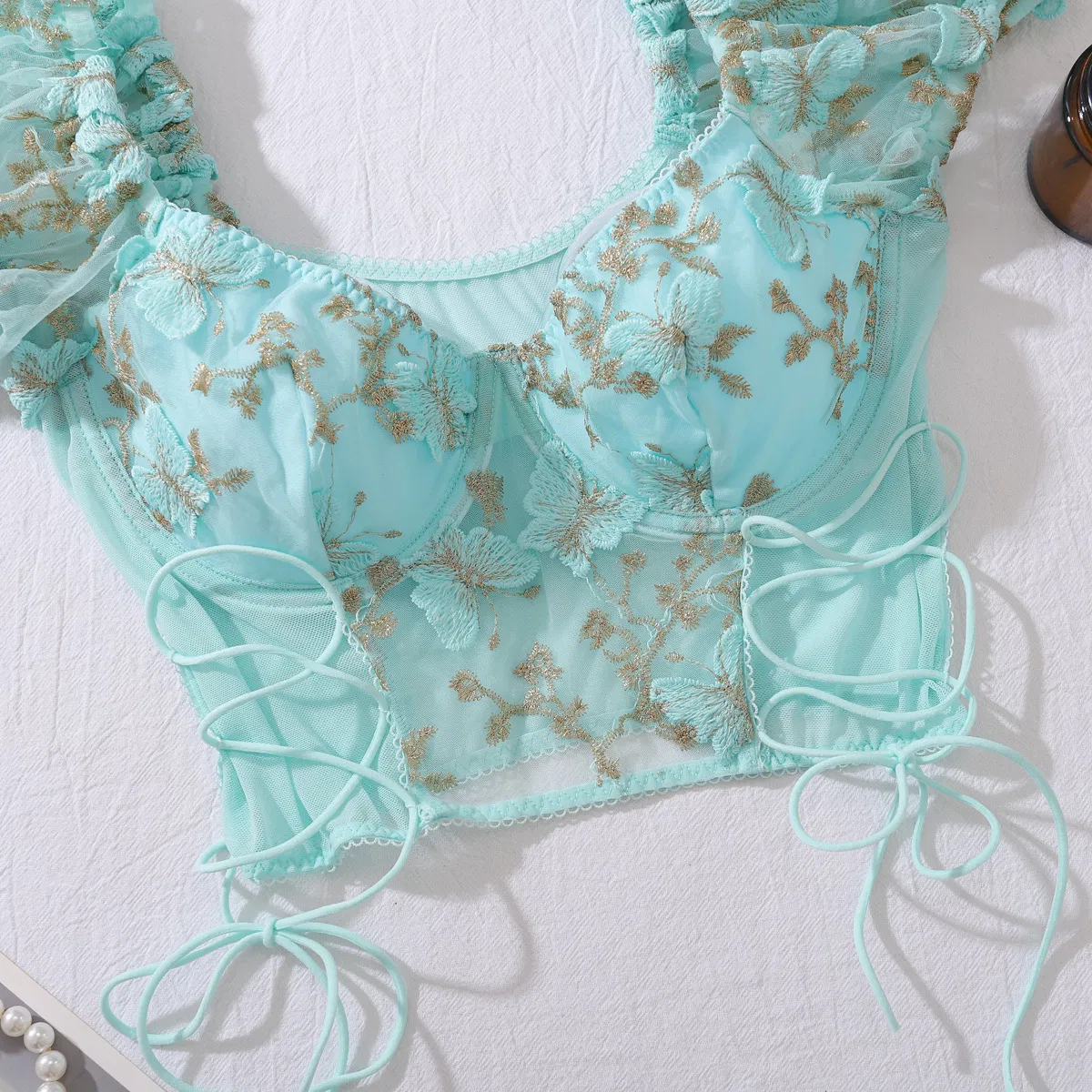 Sexy Perspective Floral Embroidery Bra Panty Sets Wholesale Bubble Sleeve Top Lingerie