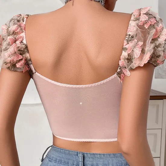 Sexy Perspective Floral Embroidery Bra Panty Sets Wholesale Bubble Sleeve Top Lingerie