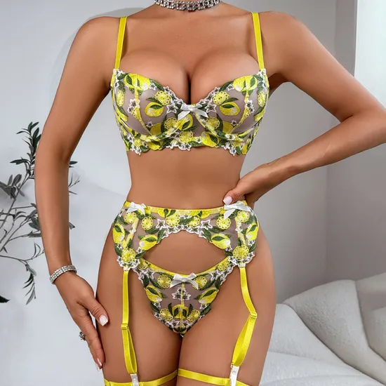 Sexy Lemon Embroidery Woman Bra Panty Set Wholesale Mesh Transparent Lingerie