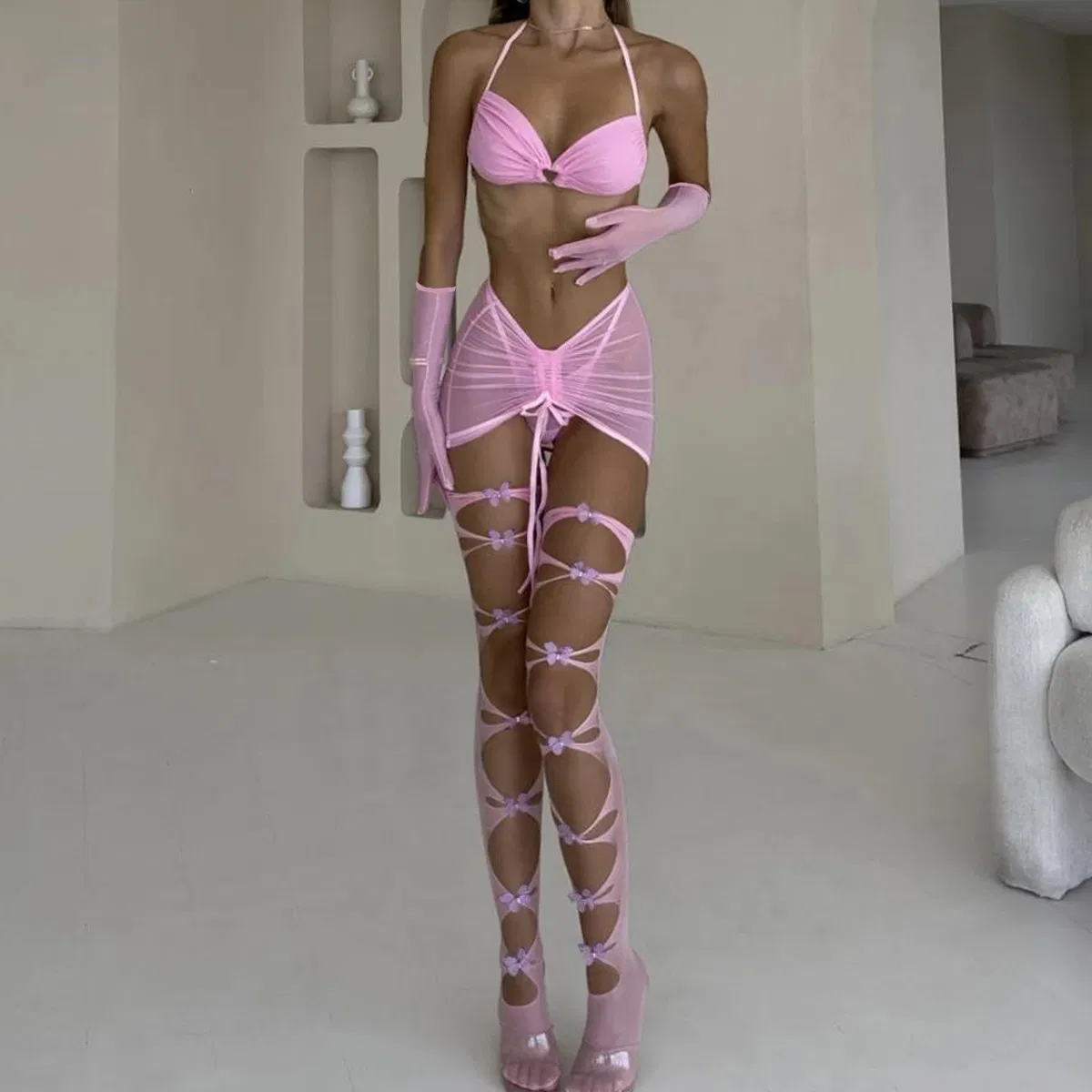 Sexy Transparent Mesh Hanging Neck Underwear Set Wholesale Hollow out Bow Stockings Lingerie