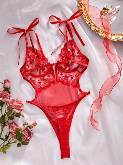 Sexy Floral Embroidery Deep V Untrl-Thin Bodysuit New Style Women One Piece Lingerie
