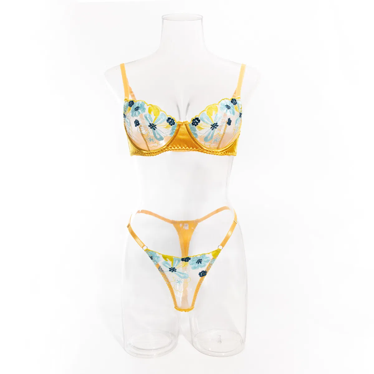 Sexy Satin Stitching See Through Underwear Set Wholesale Embroidery Color Contrast Lingerie