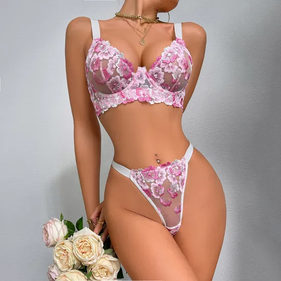 Wholesale Flower Embroidered Bra Set Sexy Perspective Thin Woman Lingerie