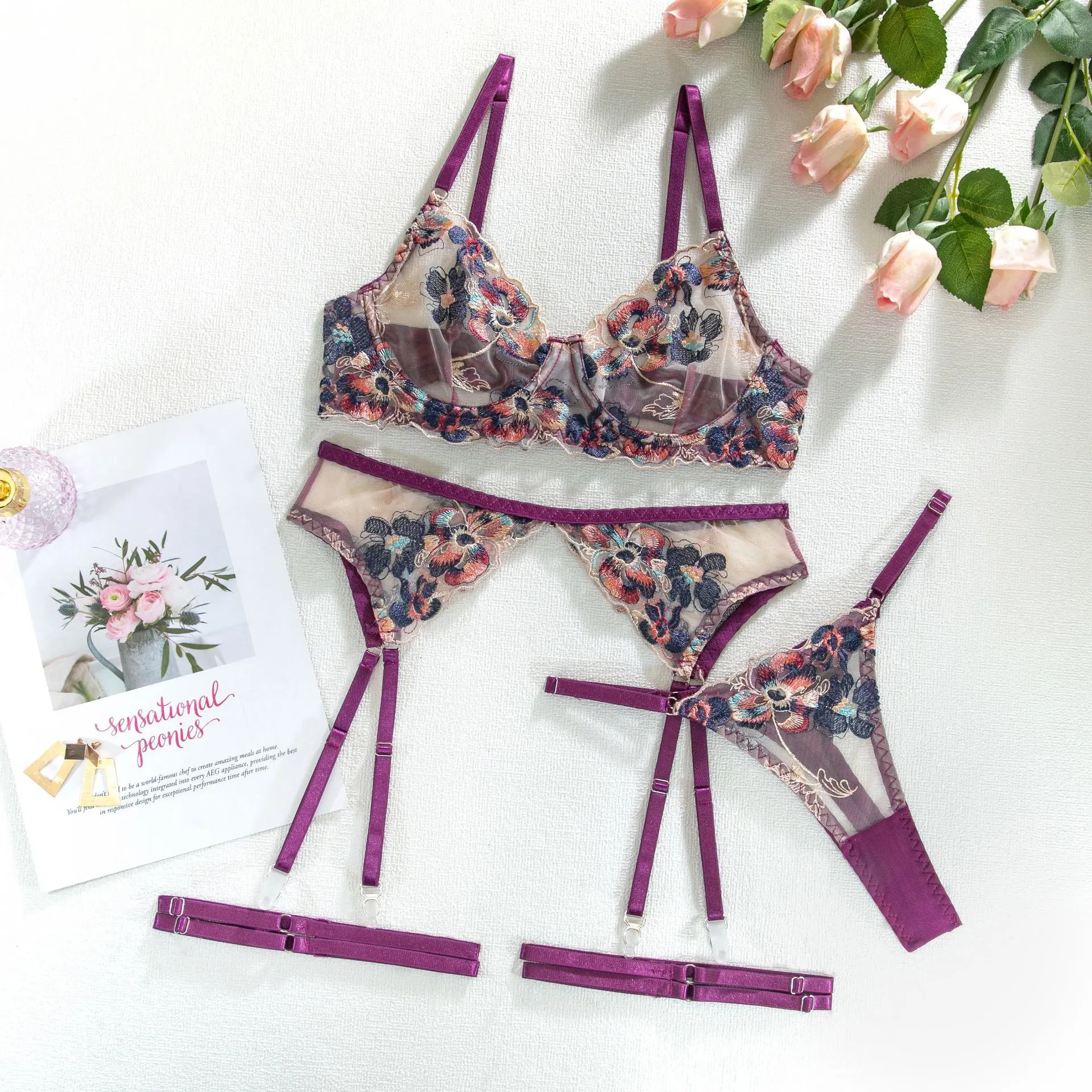 Sexy Woman Embroidered Underwear Set Wholesale High Quality Thin Lingerie
