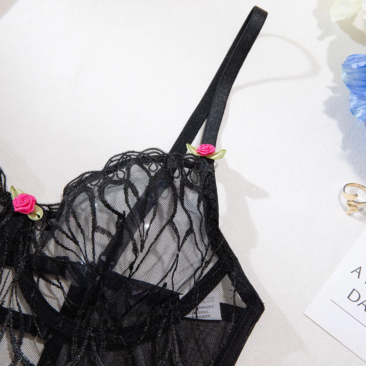 New Arrival Fishbone See-Through Mesh Underwear Set Sexy Embroidery Flower Woman Lingerie