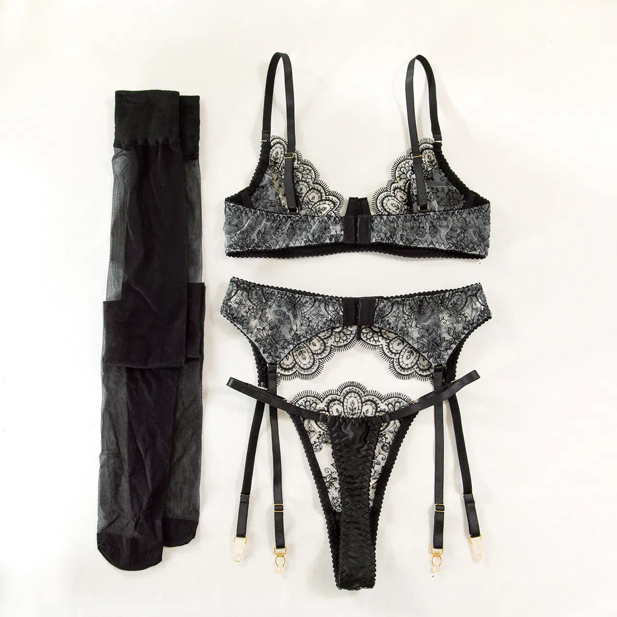 Sexy See-Through V-Neck Underwear Set with Stockings Wholesale Embroidery Lace Lingerie