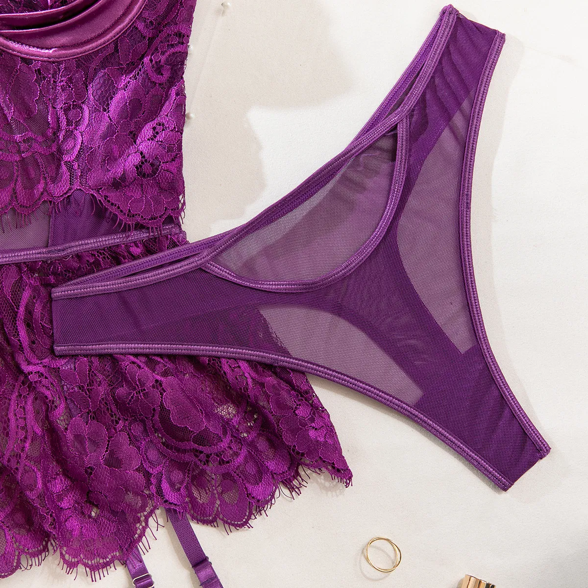 Sexy Ultra-Thin Eyelash Lace Underwear Set with Stocking Wholesale Skirt 3 Piece Women's Lingerie