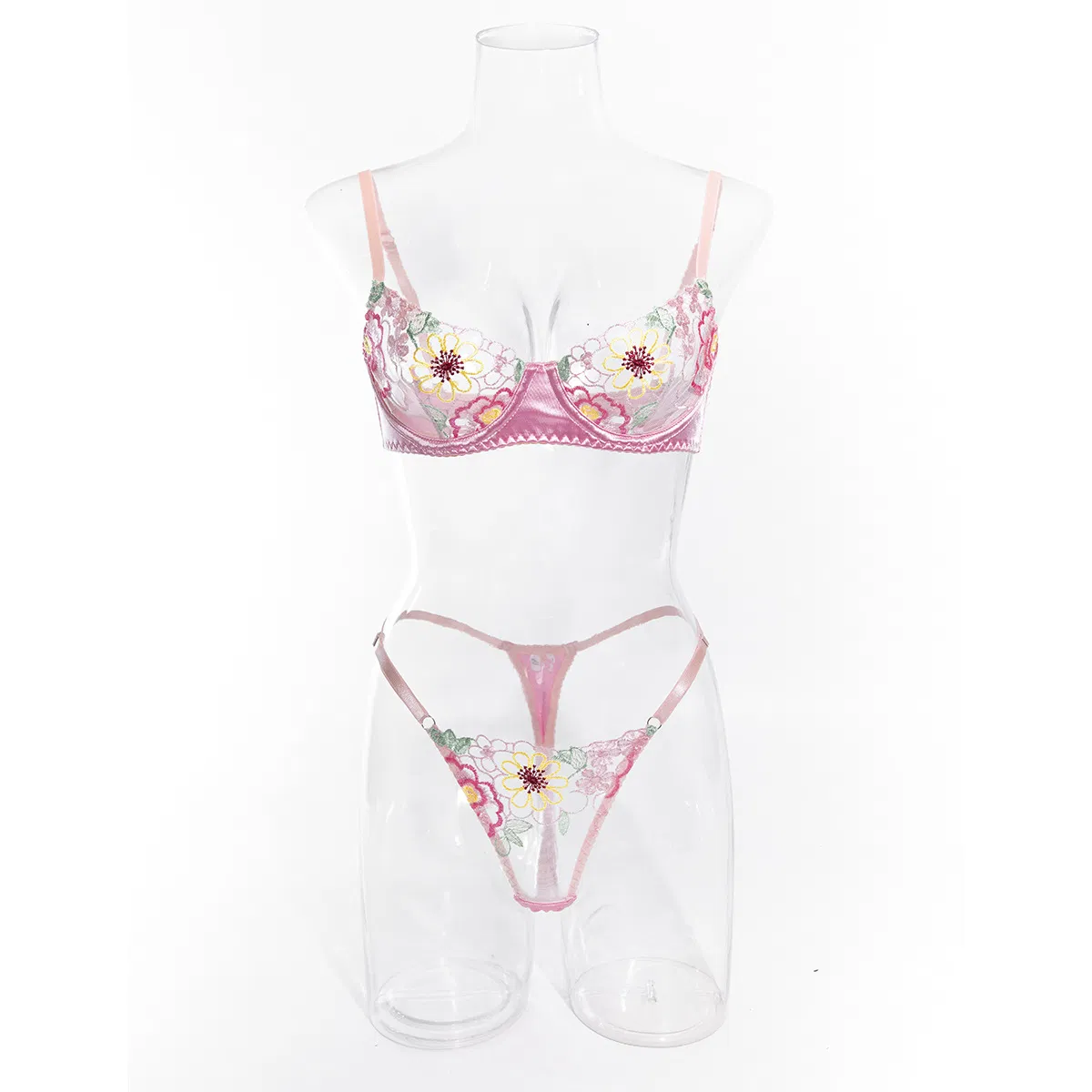 Sexy Floral Embroidery Woman Bra Set Wholesale Transparent Thin Satin Two-Piece Lingerie