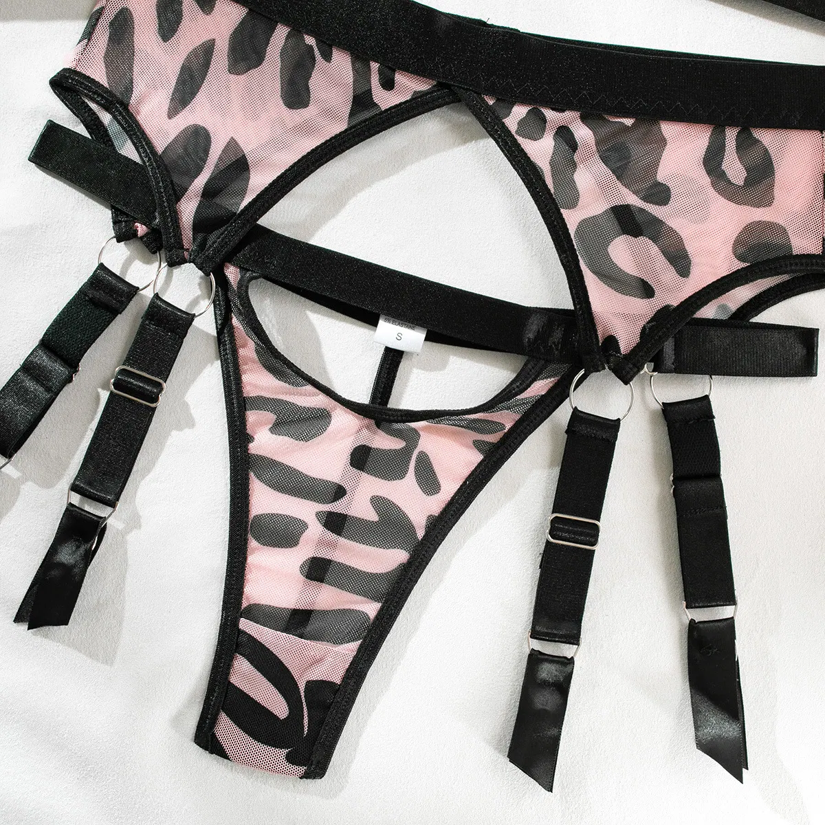 Sexy Leopard Print Mesh Hollow out Bra Set with Stocking New Style Women's Underwear Lingerie