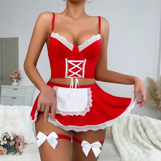 Sexy Cross Strap Dress Underwear Set Wholesale Temptation Maid Four Piece Lingerie