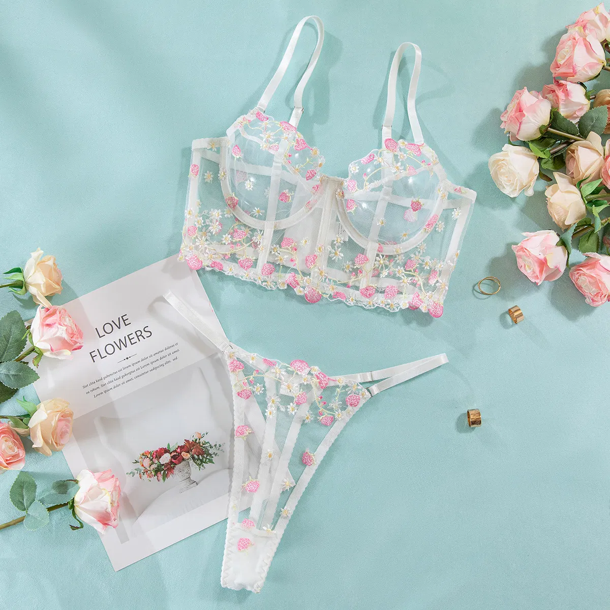 Factory High Quality Fish Bone Women Bra Set Sexy See-Through Floral Embroidery Lingerie