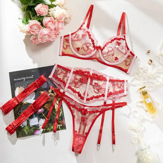 New Erotic Love Embroidery Underwear Set Sexy Transparent Mesh Fishbone Waist Lingerie