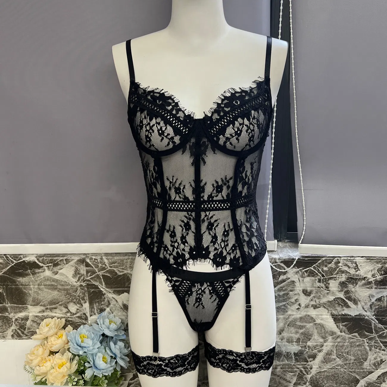 Sexy Transparent Eyelash Lace Underwear Set Wholesale Fishbone Shaping Lingerie