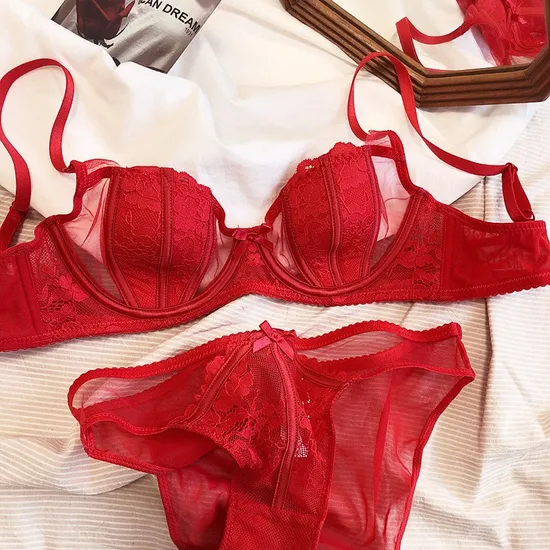 French Smooth Anti-Sagging Lace Trim Sexy Breathable Gathering for Women Soft Bra Ultra-Thin Set Sexy Underwear Lingerie