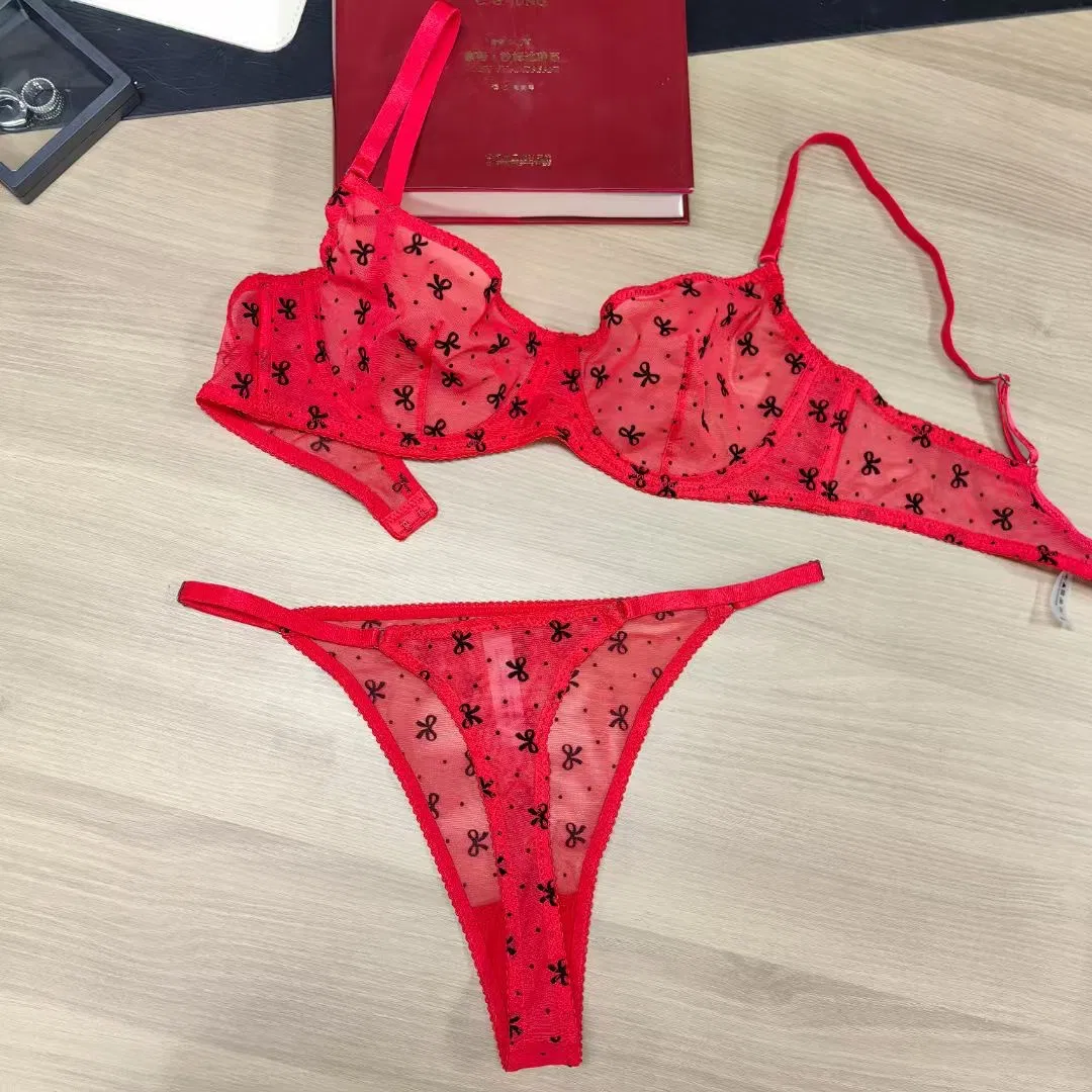 Classic Bow Pattern Printed Underwear Mesh Perspective Temptation Sexy Women Lingerie